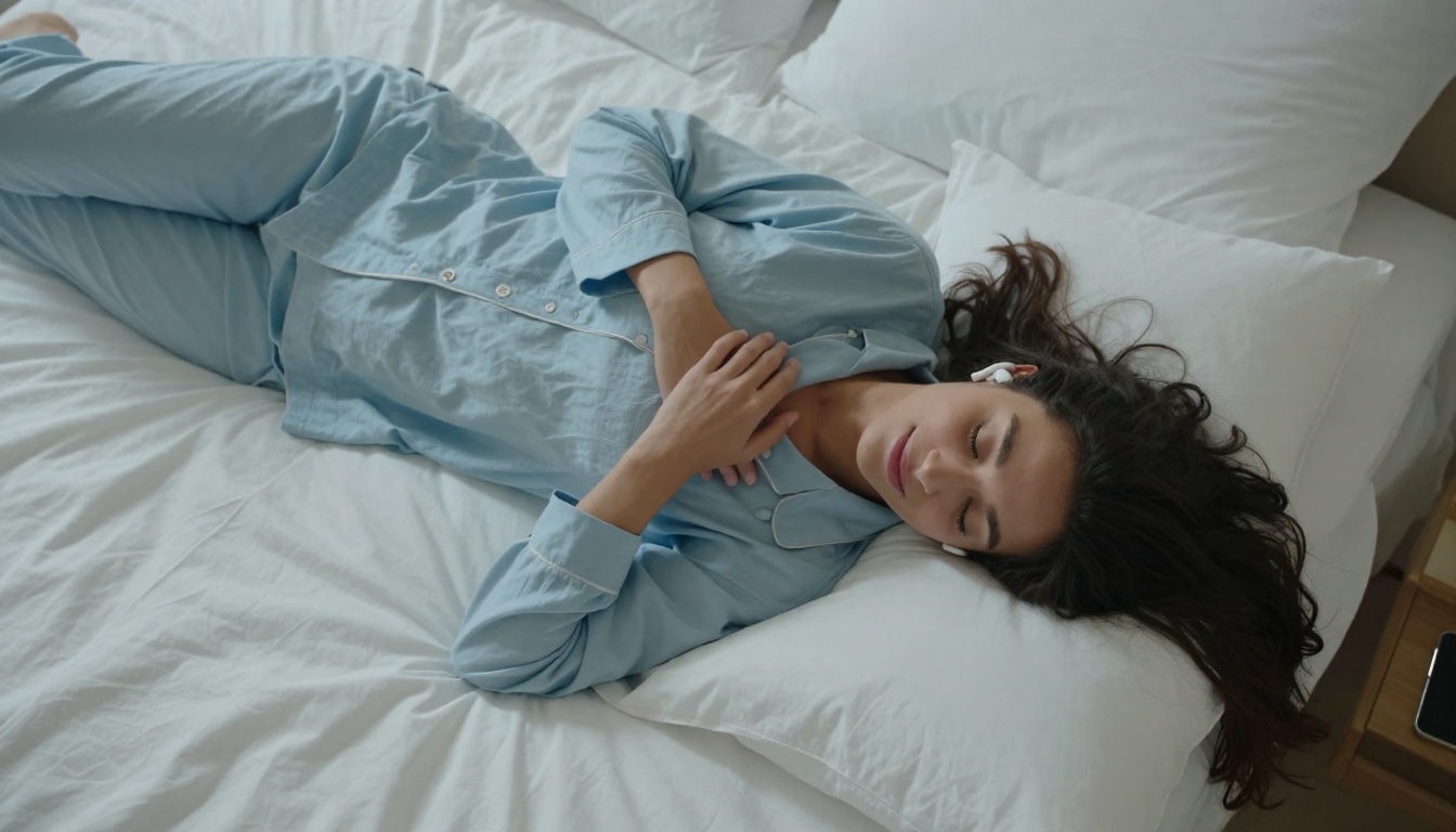 Aerial view of woman lying in bed with earbuds in, phone on nightstand