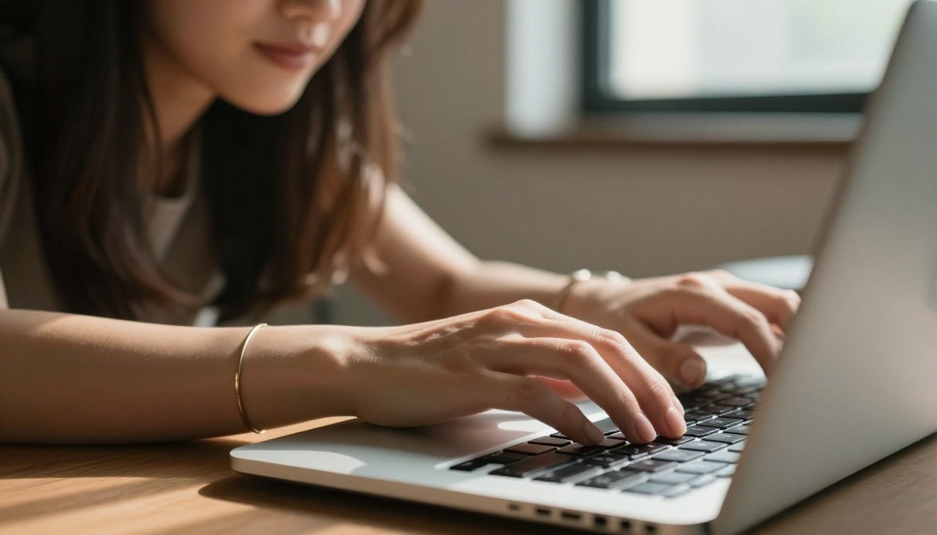 Close-up of a woman's hands typing on a laptop, screen glow illuminating her face from below, morning light casting shadows across her forearms Close-up of a woman's hands typing on a laptop, screen glow illuminating her face from below, morning light casting shadows across her forearms