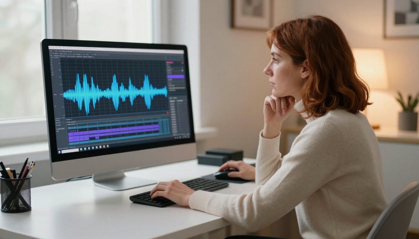 Woman at desk analyzing audio waveform on a dark monitor interface