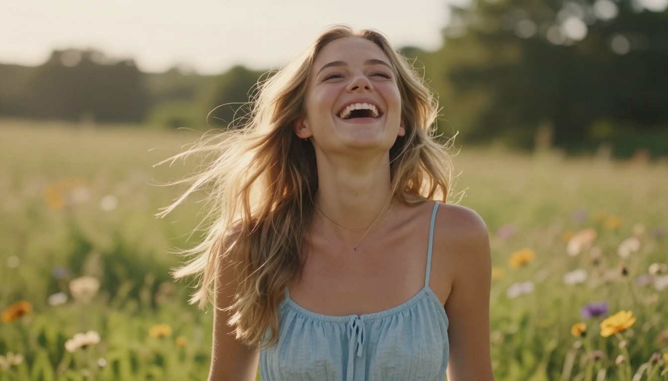 A young blonde woman with head thrown back in genuine laughter, long hair catching the summer breeze, warm golden light from the right in a sunlit meadow A young blonde woman with head thrown back in genuine laughter, long hair catching the summer breeze, warm golden light from the right in a sunlit meadow