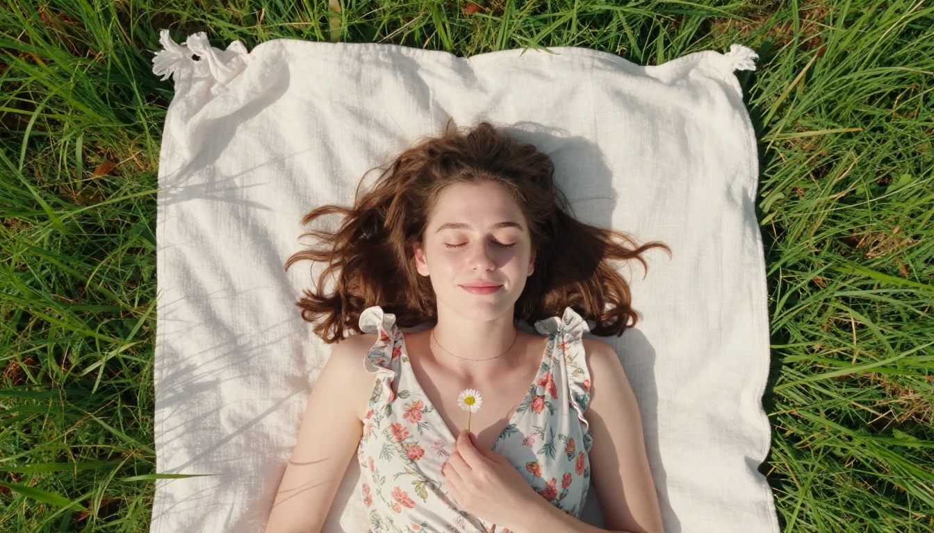 Aerial bird's-eye view of a young woman lying on a white linen blanket spread across summer grass, eyes closed, soft smile, a wild daisy in her hand Aerial bird's-eye view of a young woman lying on a white linen blanket spread across summer grass, eyes closed, soft smile, a wild daisy in her hand
