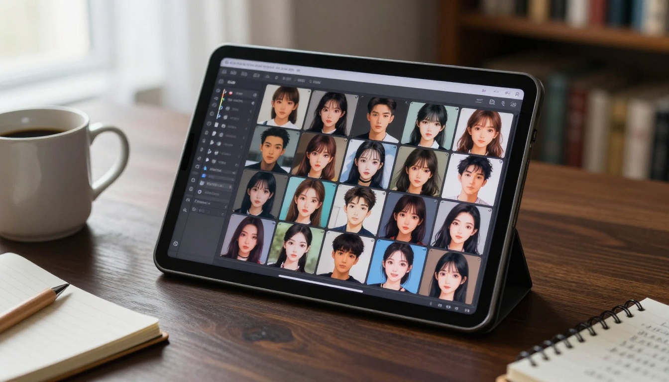 AI generation interface on tablet showing consistent anime character face thumbnails in sidebar