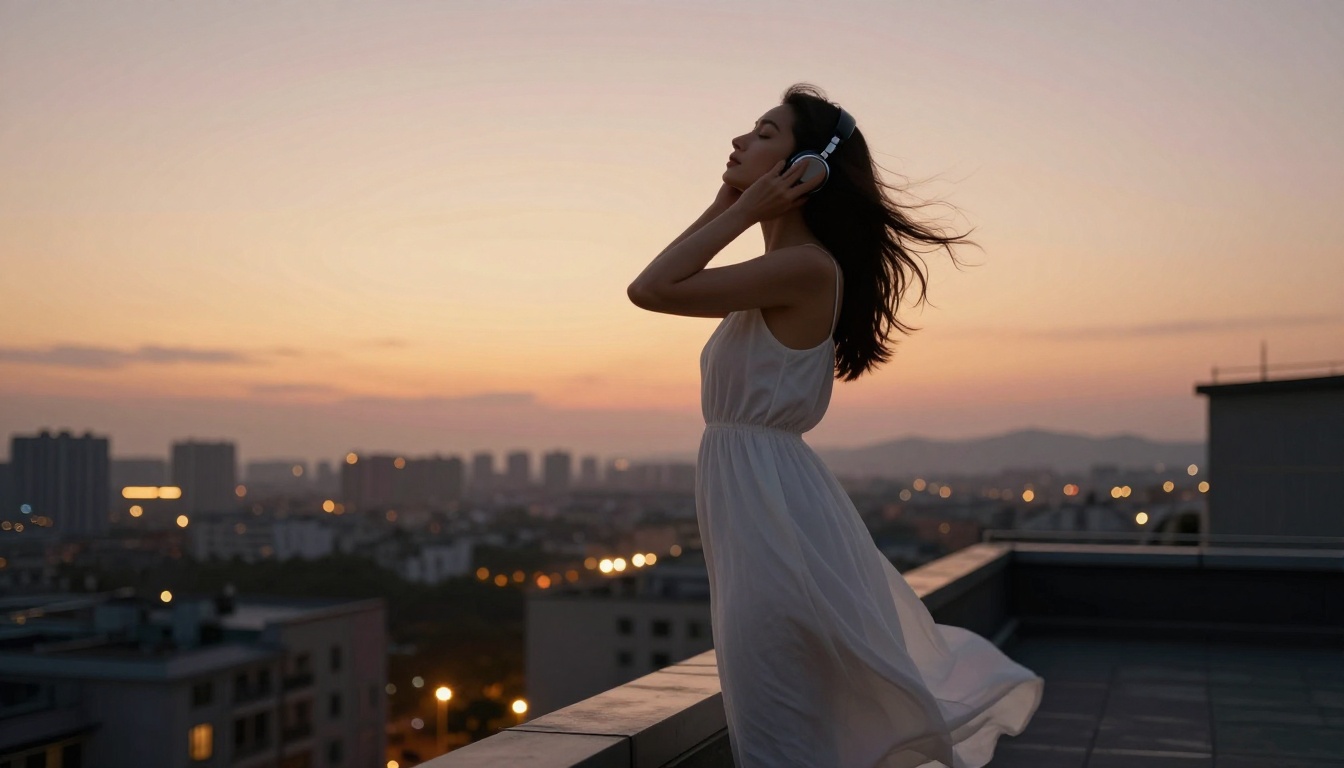 Woman standing on rooftop at dusk, headphones pressed to ear, eyes closed, city below