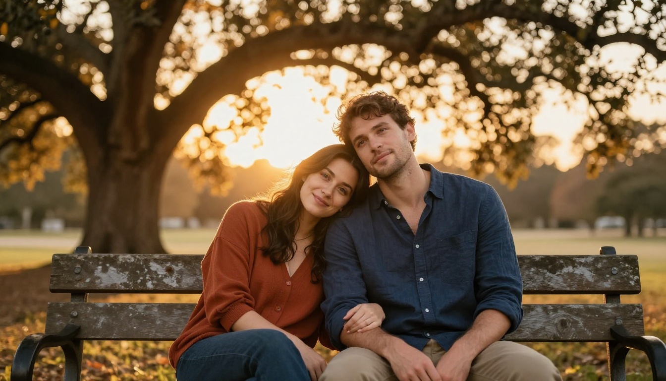 A couple sitting close on a weathered wooden park bench at golden hour, the woman leaning her head on the man's shoulder, warm amber bokeh through tall backlit trees A couple sitting close on a weathered wooden park bench at golden hour, the woman leaning her head on the man's shoulder, warm amber bokeh through tall backlit trees