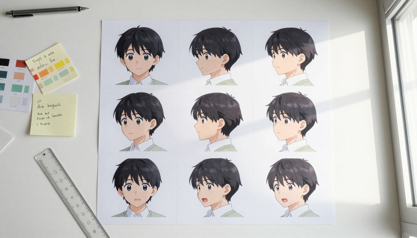 Character reference sheets in overhead flat-lay arrangement showing multiple facial angles and expressions