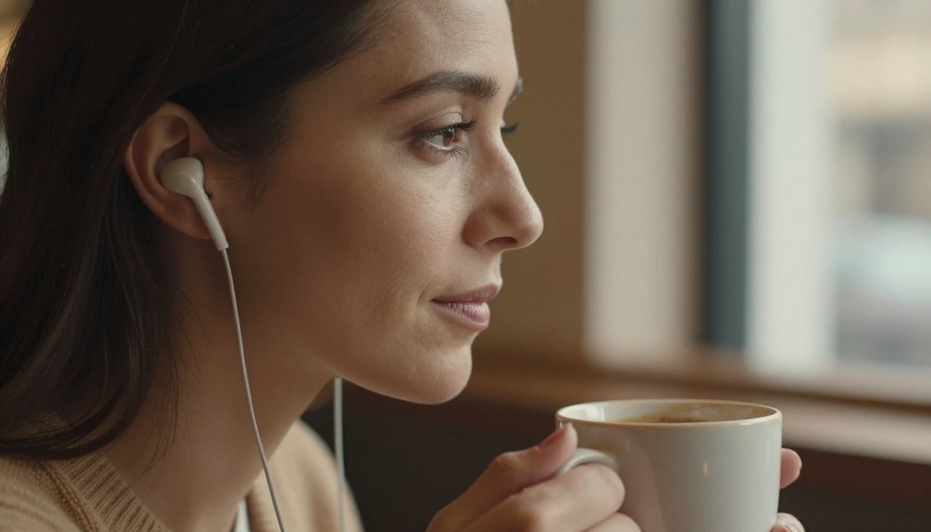 Woman in coffee shop listening privately with earbuds, soft Rembrandt light on face