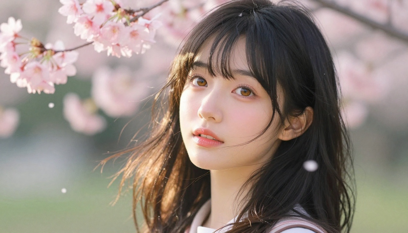 Anime-style character portrait in Japanese garden with pink sakura blossoms and warm afternoon light