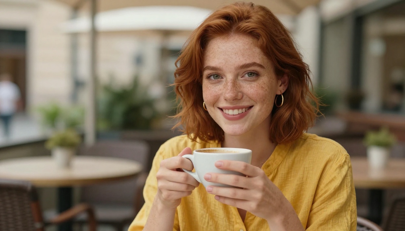 A radiant woman with short wavy auburn hair and natural freckles smiling warmly at the camera, holding a white ceramic coffee cup, soft-focus outdoor café terrace behind her A radiant woman with short wavy auburn hair and natural freckles smiling warmly at the camera, holding a white ceramic coffee cup, soft-focus outdoor café terrace behind her