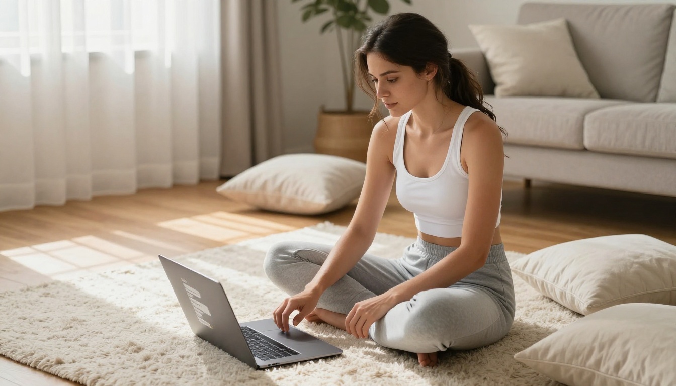 Woman on living room rug with laptop showing chat interface, morning light