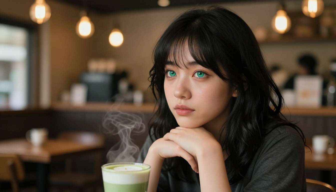 Anime-style character in a cozy coffee shop interior with warm Edison bulb lighting and matcha latte