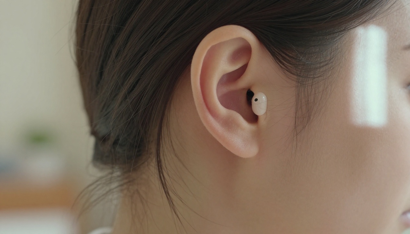 Extreme close-up of ear with wireless earbud, natural window light on skin texture