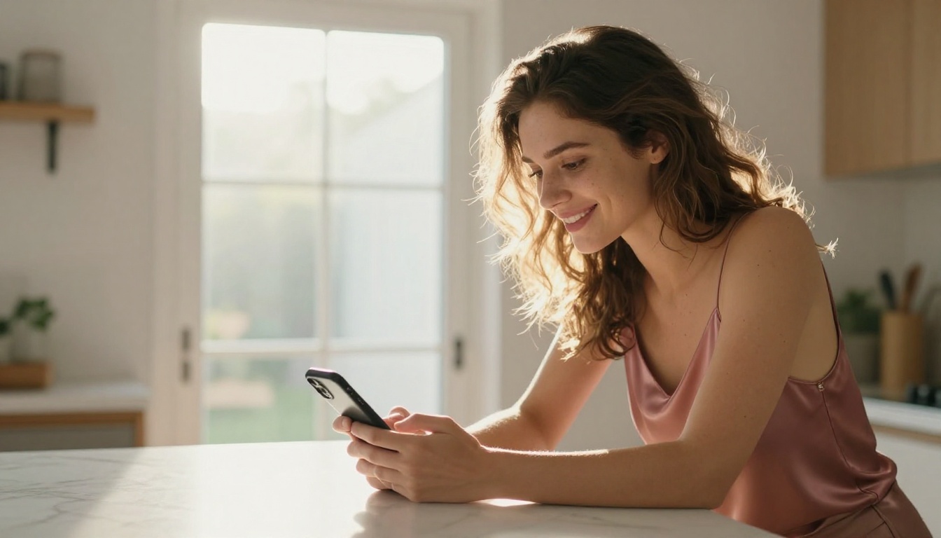 Woman at kitchen island in morning backlight, smiling softly at her phone