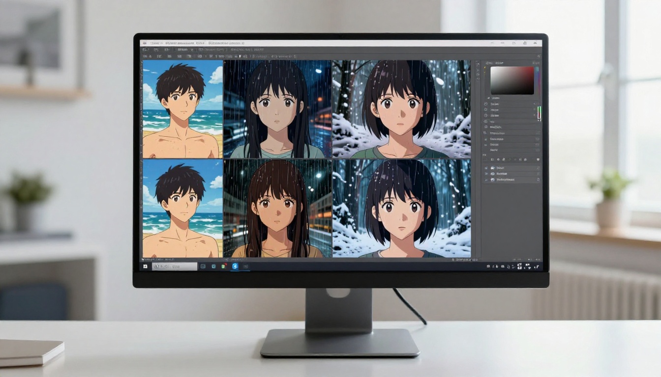 Computer monitor showing the same anime character face in four different scene settings with consistent identity