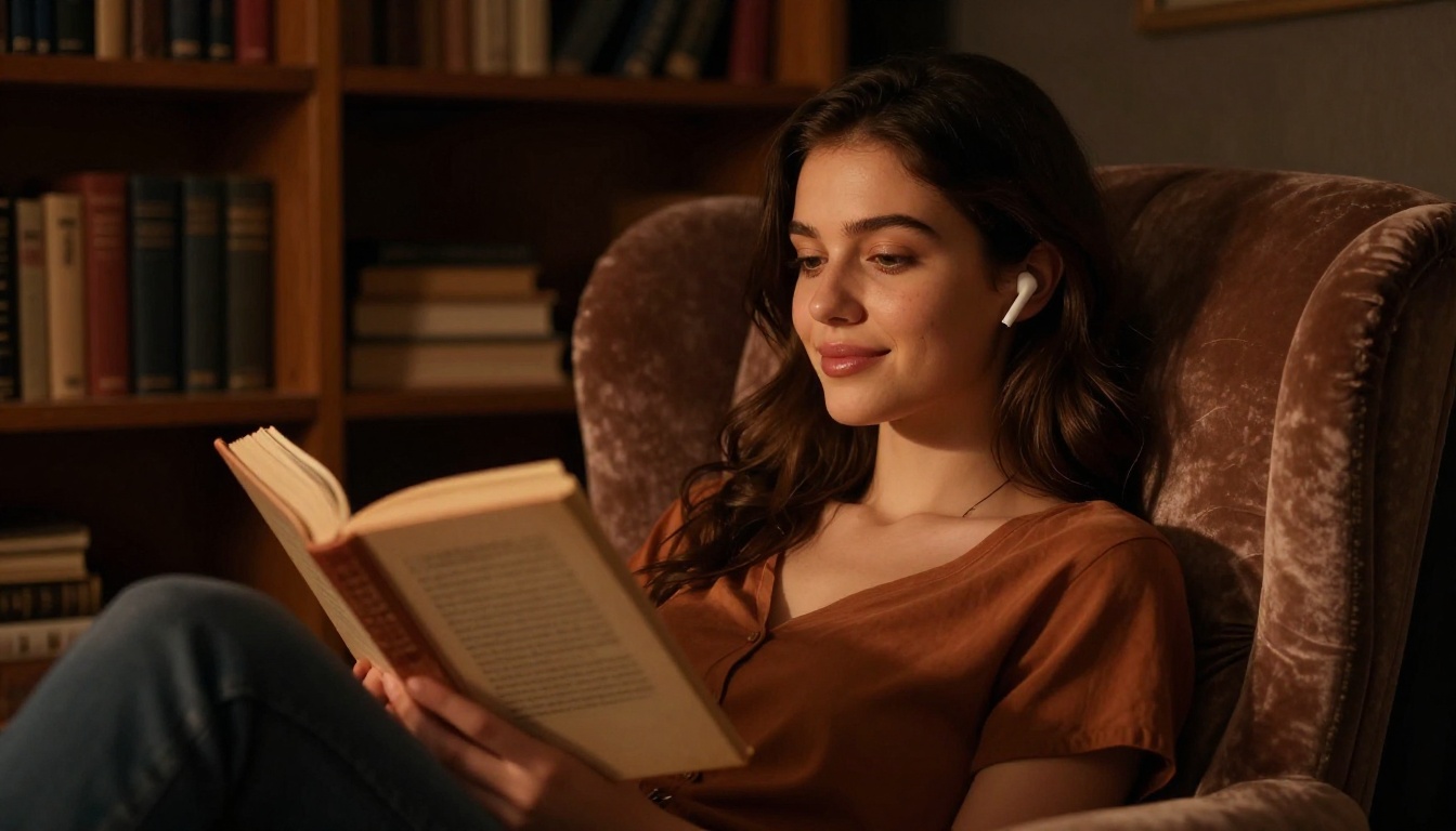 Woman in a dim reading nook at night, earbuds in, dreamy smile, lamplight on her face