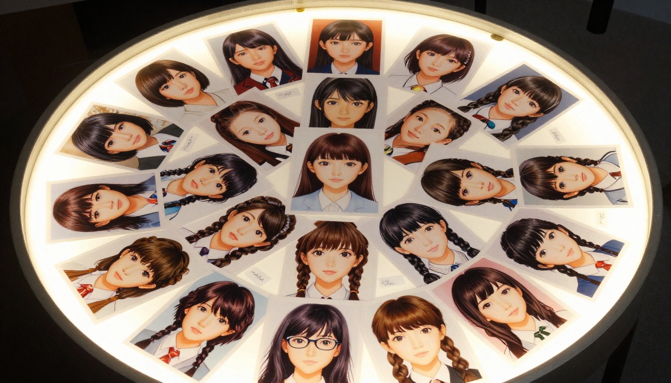 Aerial top-down view of portrait photos arranged on light table showing the same anime character in different hairstyle variations