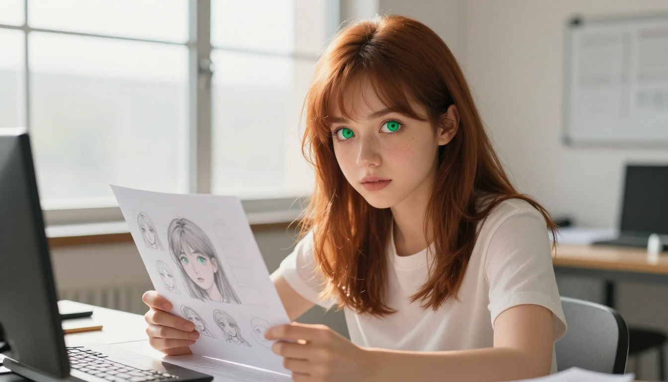 Anime-style young woman in bright studio holding a character reference sheet, green eyes and auburn hair