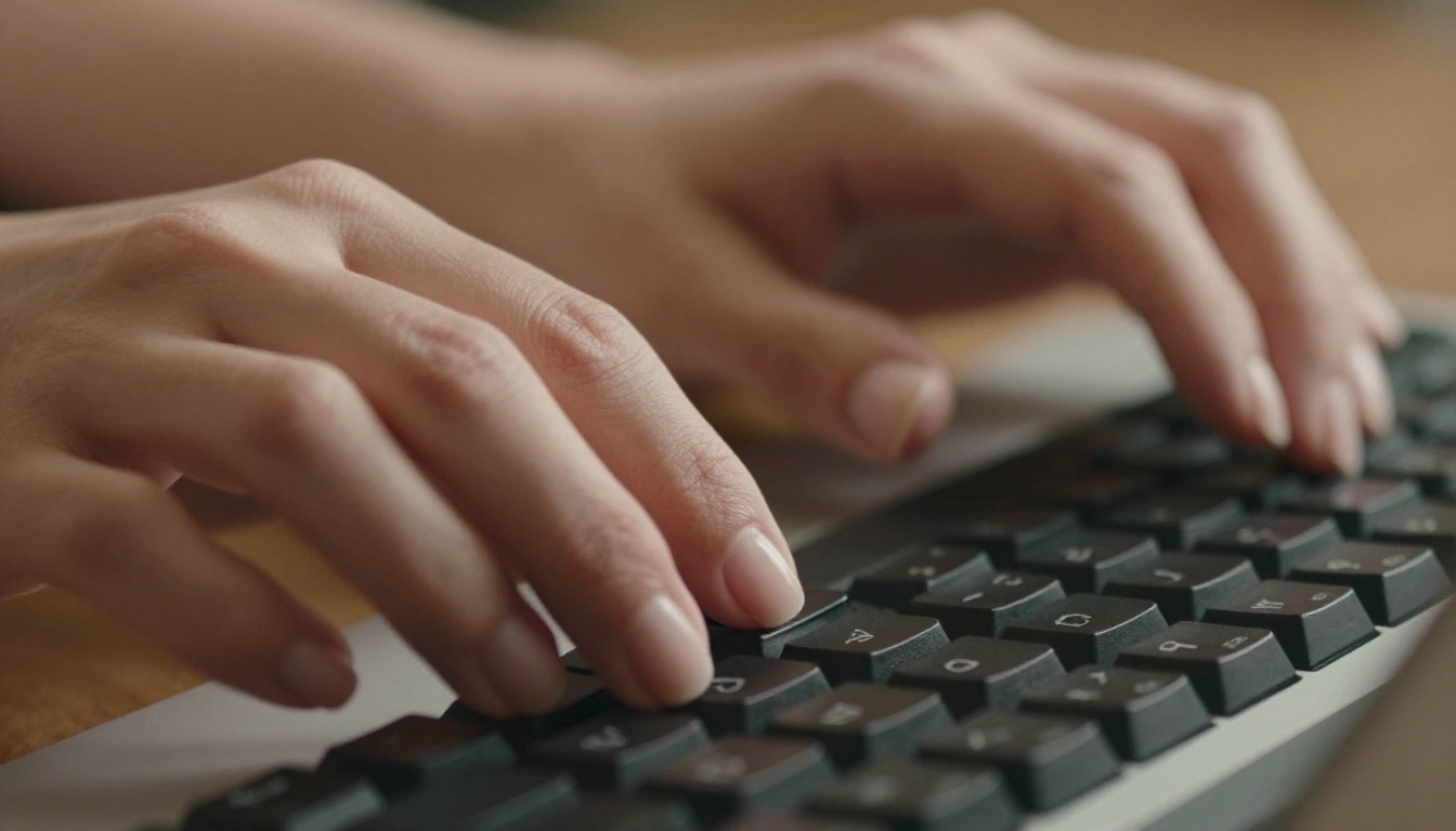 Hands typing on keyboard, warm natural light, photorealistic Hands typing on keyboard, warm natural light, photorealistic