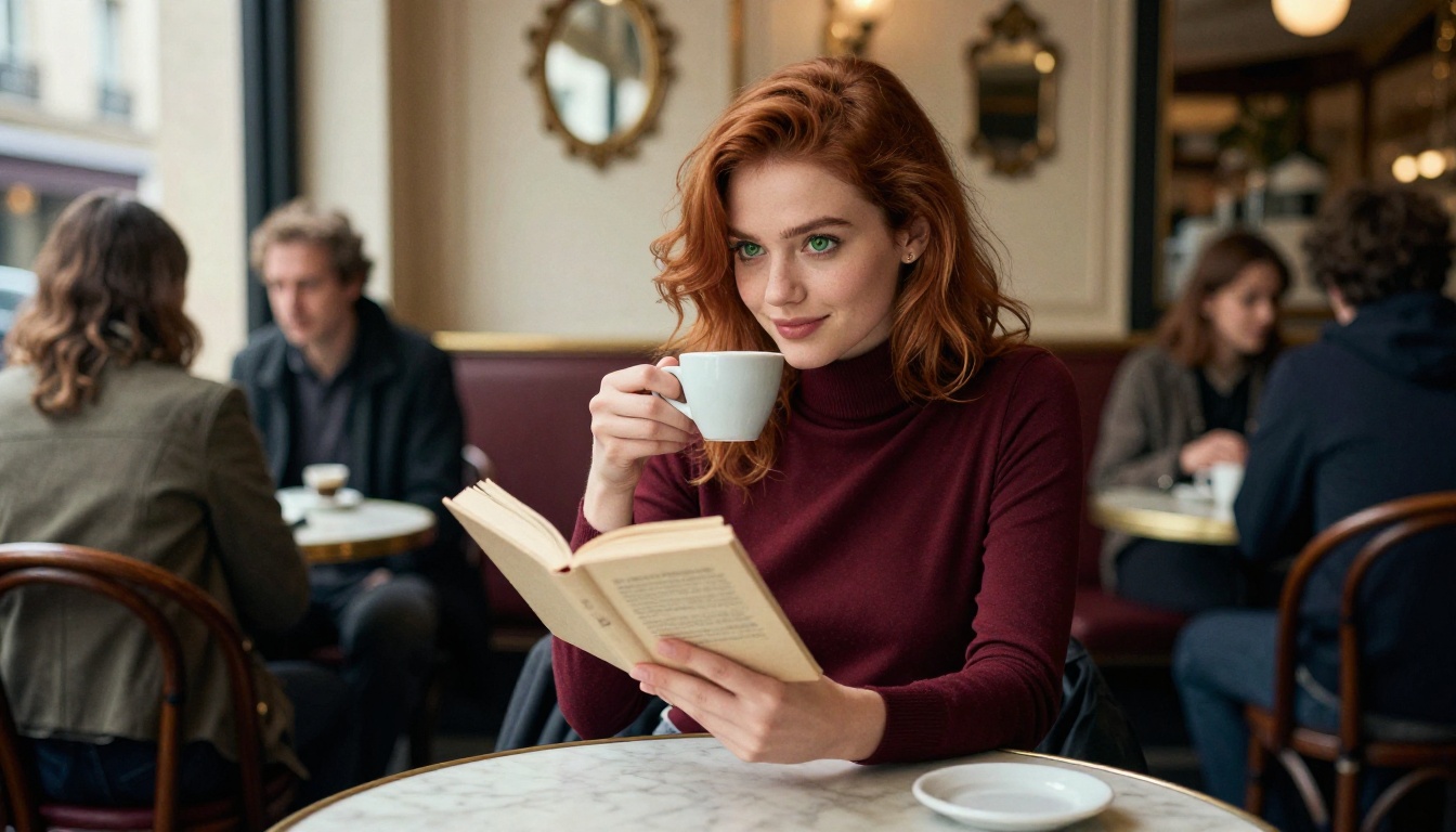 Beautiful woman sitting alone at a Parisian cafe, reading, warm morning light Beautiful woman sitting alone at a Parisian cafe, reading, warm morning light