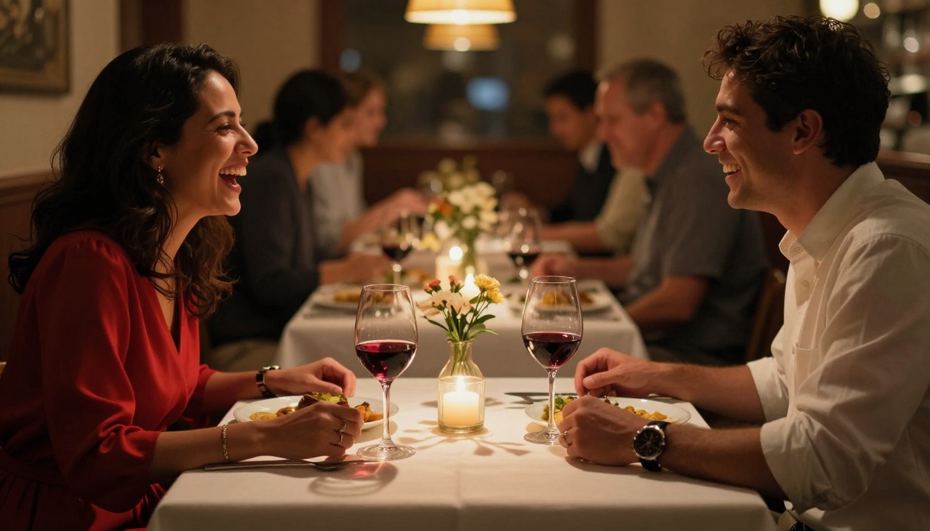 Couple at a romantic restaurant dinner, candlelight, candid photography Couple at a romantic restaurant dinner, candlelight, candid photography