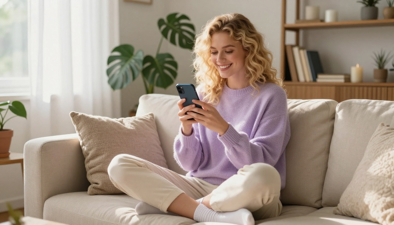 Woman sitting on sofa with smartphone, morning light, cozy living room Woman sitting on sofa with smartphone, morning light, cozy living room