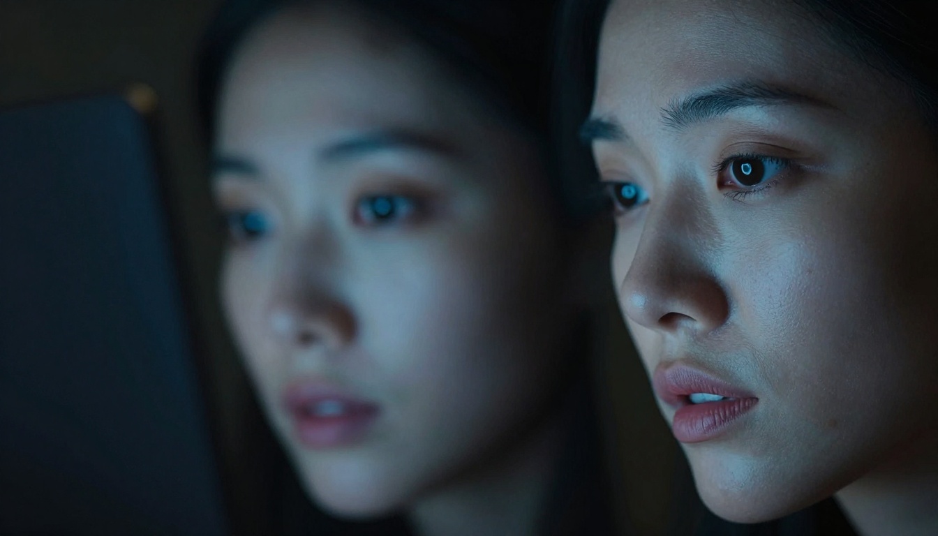 Woman's face reflected in glowing laptop screen, dramatic chiaroscuro light Woman's face reflected in glowing laptop screen, dramatic chiaroscuro light