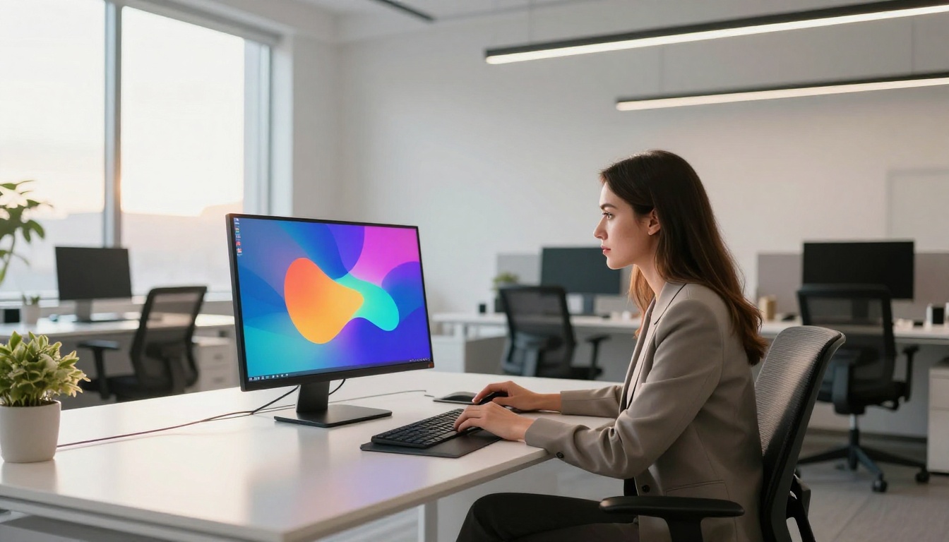 Professional woman contemporary creative office glowing display natural window light wide angle editorial lifestyle photography