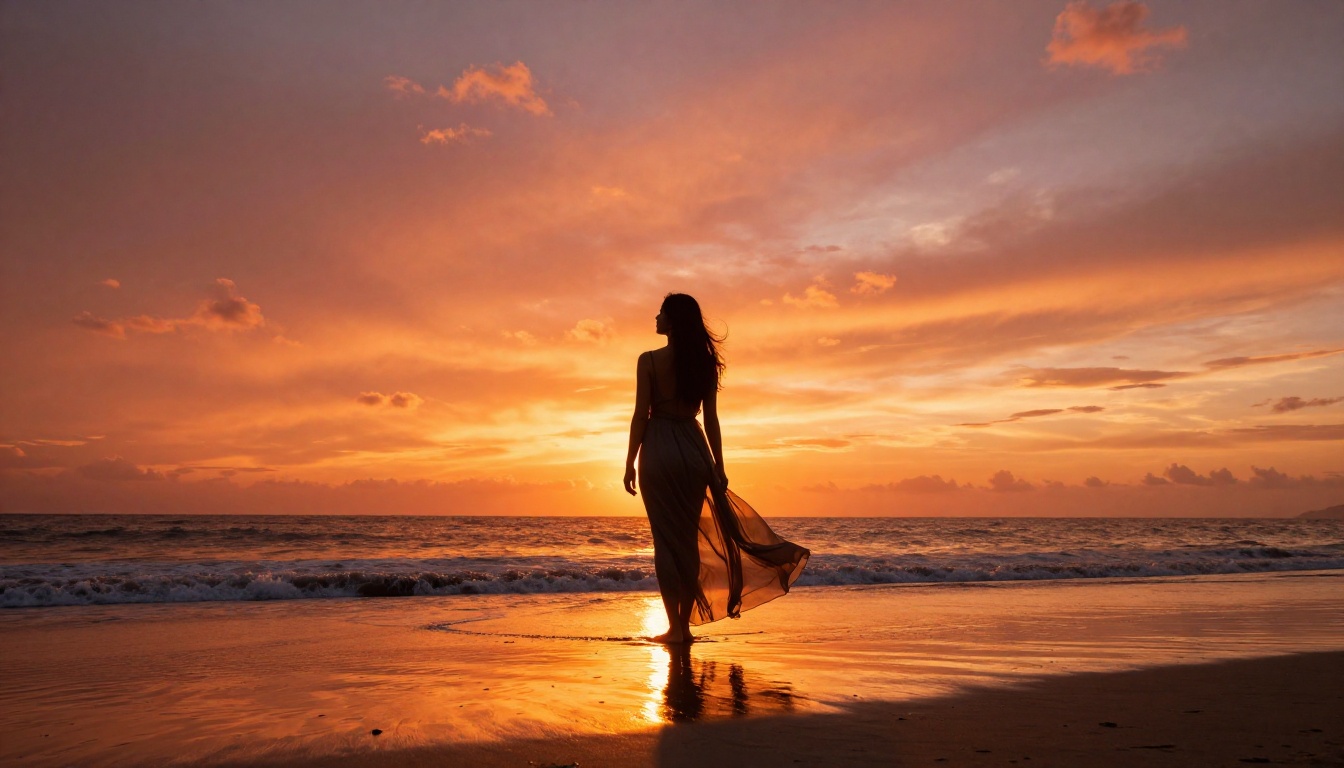 Woman in flowing sundress silhouetted against tropical beach sunset low angle wide 20mm lens golden rim light wet sand reflection RAW 8K photorealistic