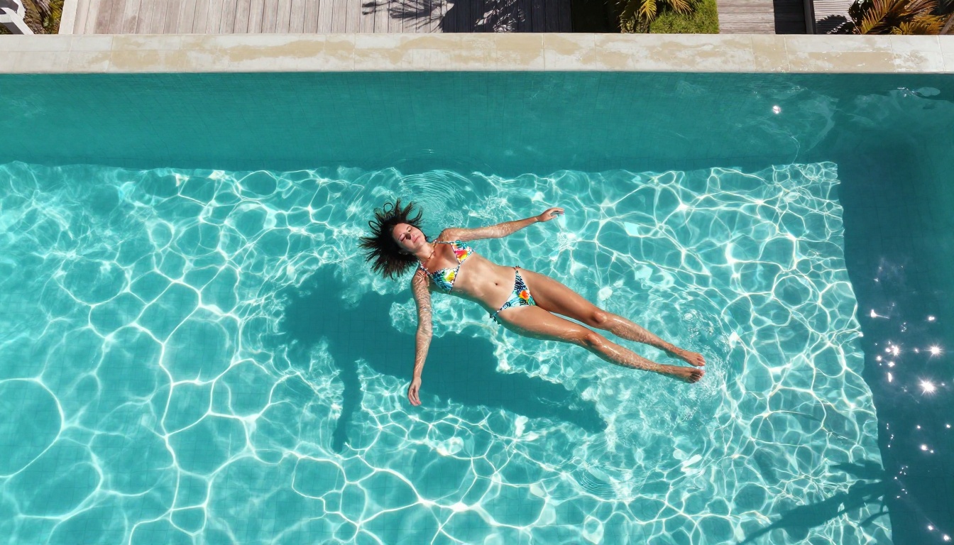Aerial view woman floating in crystal clear infinity pool tropical printed bikini turquoise water refracted light overhead drone shot RAW 8K photorealistic