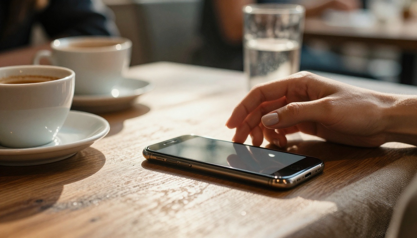 A woman smiling softly while typing on her phone at a warmly lit wooden desk, golden light through linen curtains