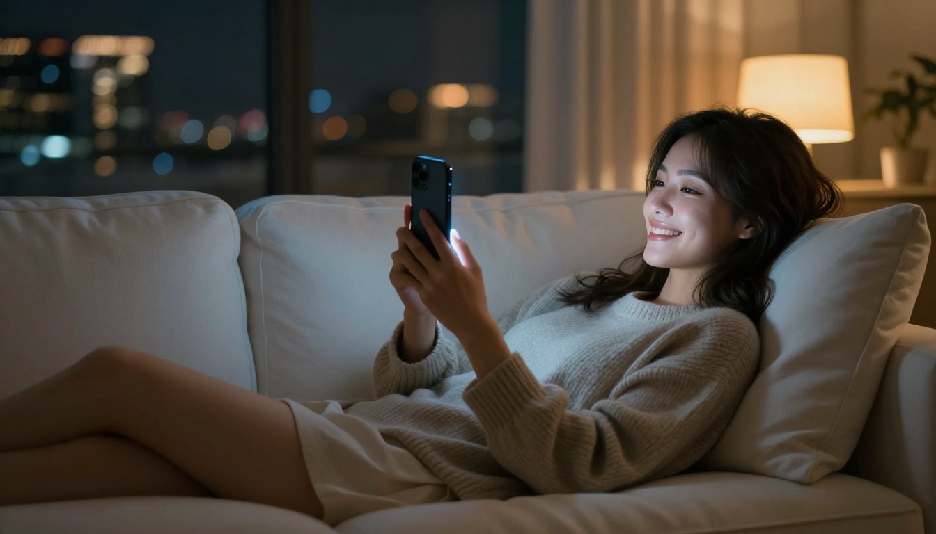 A woman lying on a white linen sofa at night, holding a glowing smartphone above her face with a warm smile, city lights in background