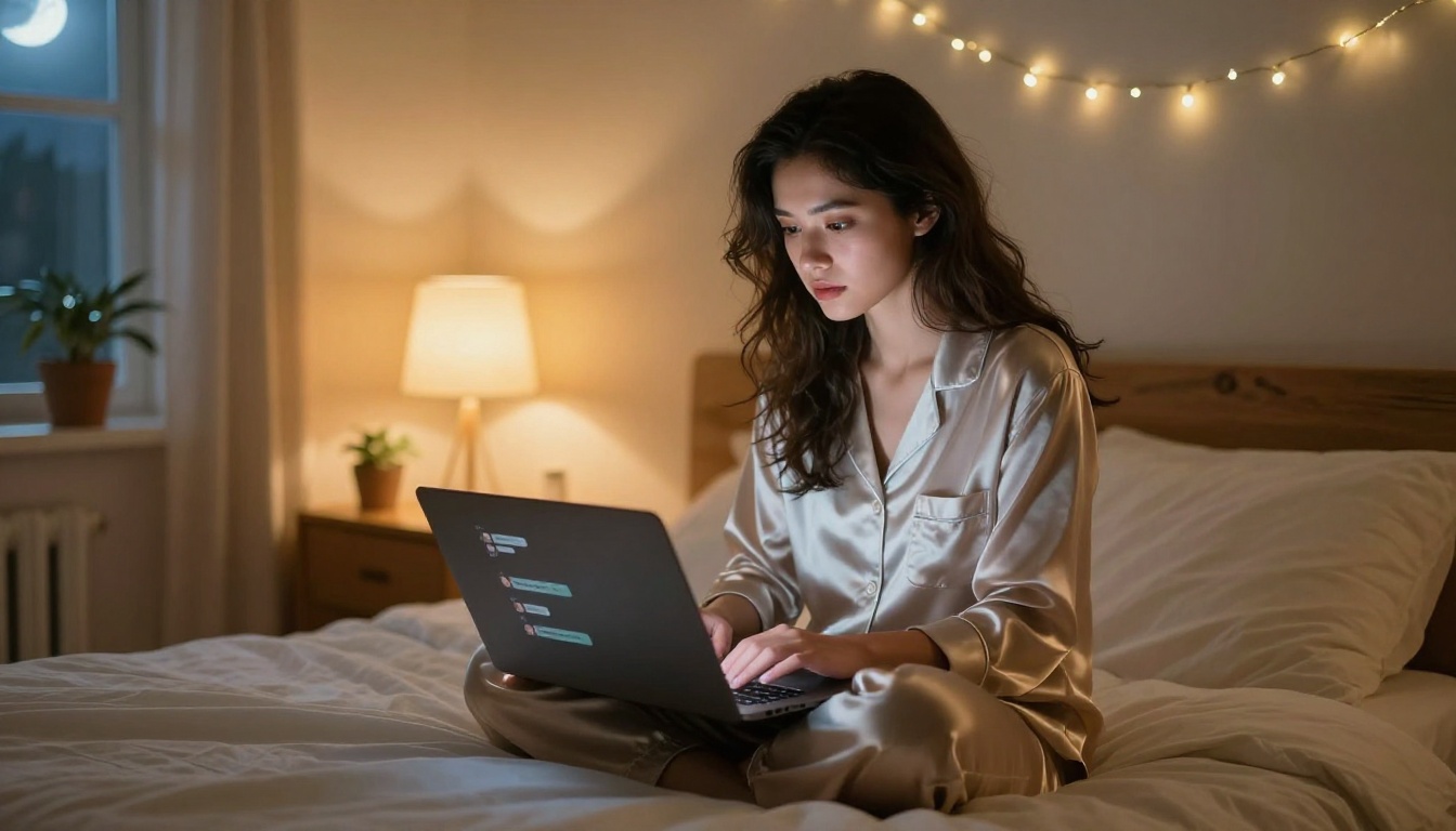 A young woman sitting cross-legged on a bed with a laptop showing a chat interface, warm bedside lamp casting amber light on white duvet
