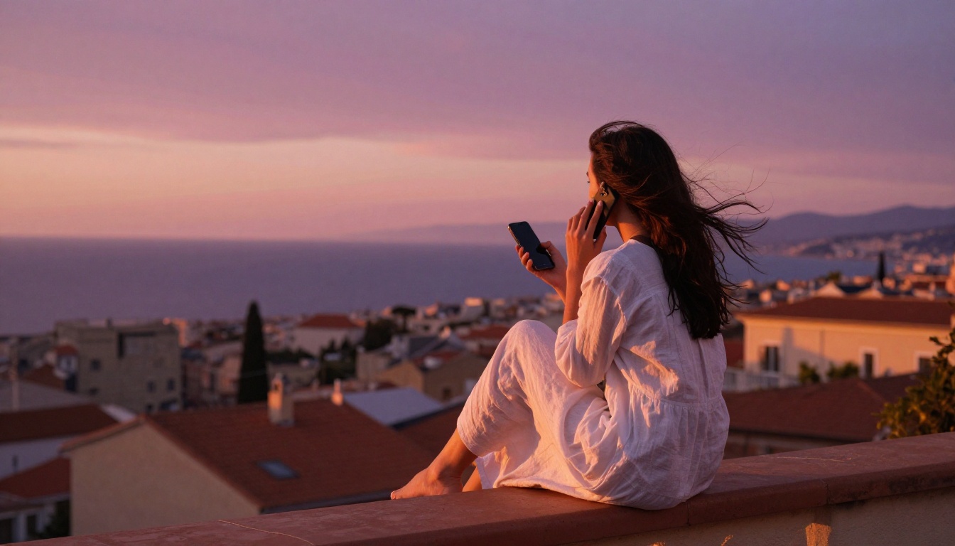 A woman in a white linen dress sitting on a rooftop terrace at sunset overlooking a coastal city, holding a phone to her ear