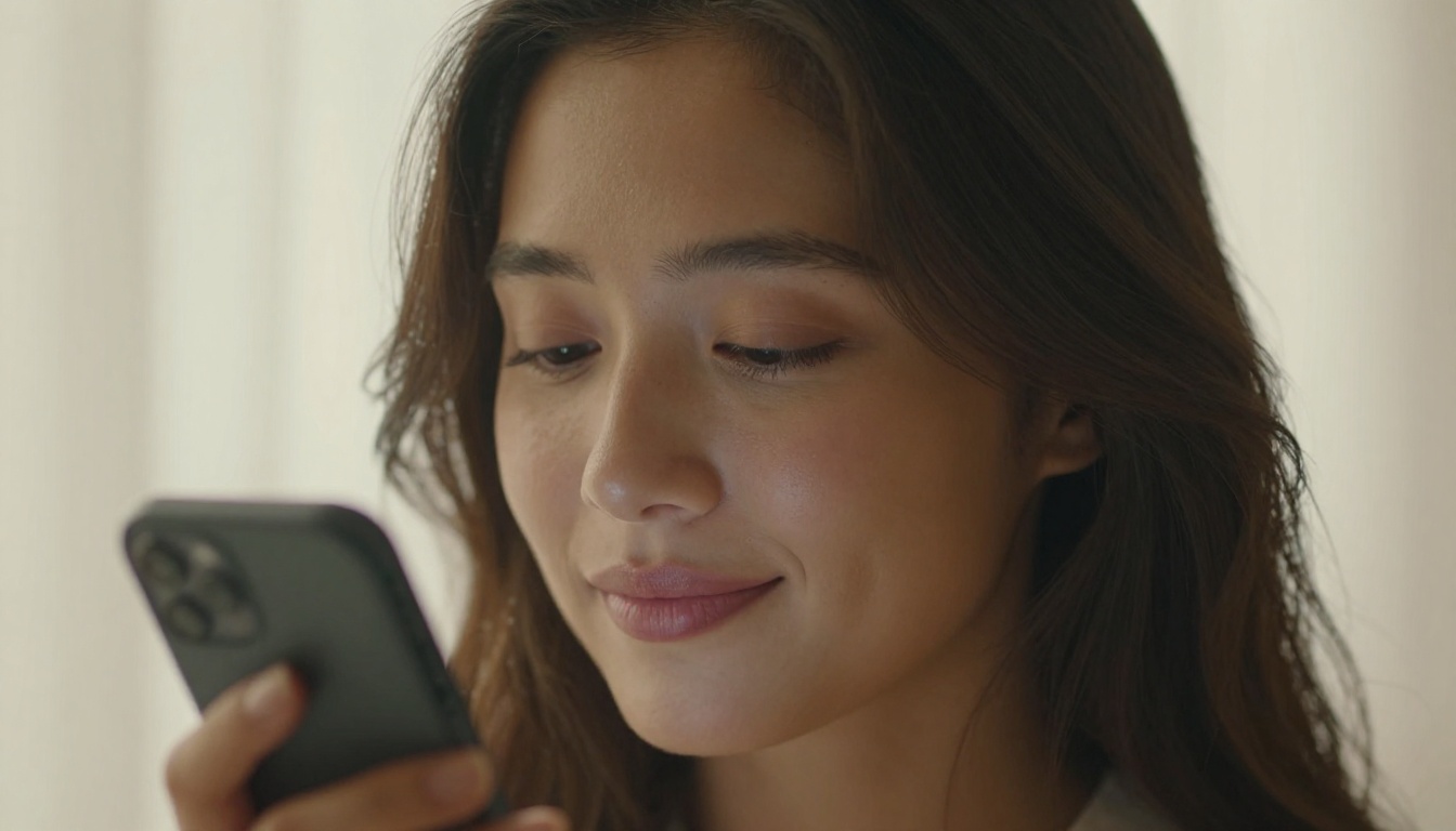Close-up portrait of a woman with a dreamy expression, phone pressed softly against her cheek, soft diffused morning light through gauze curtains