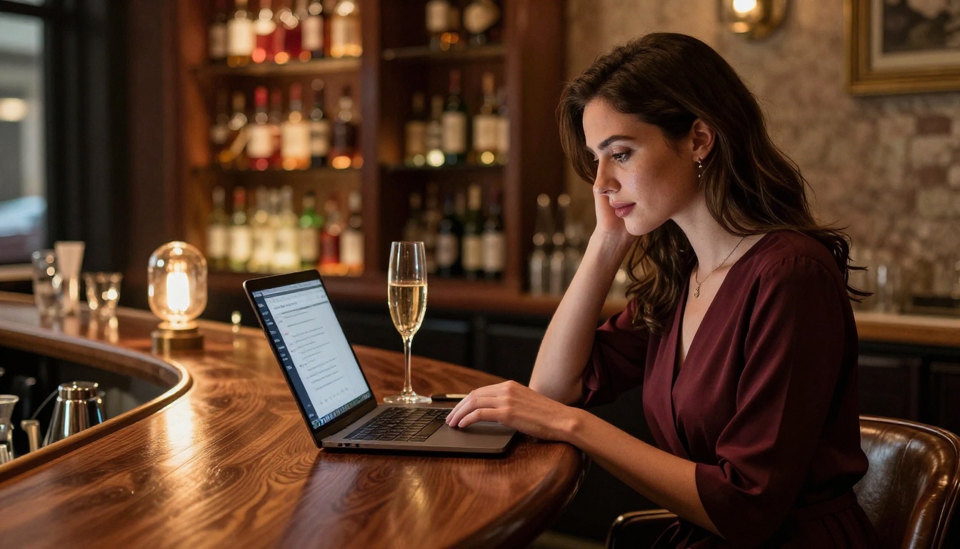 An elegant woman in a burgundy wrap dress sitting at a high-end coffee bar with a laptop, soft Edison bulb lighting overhead