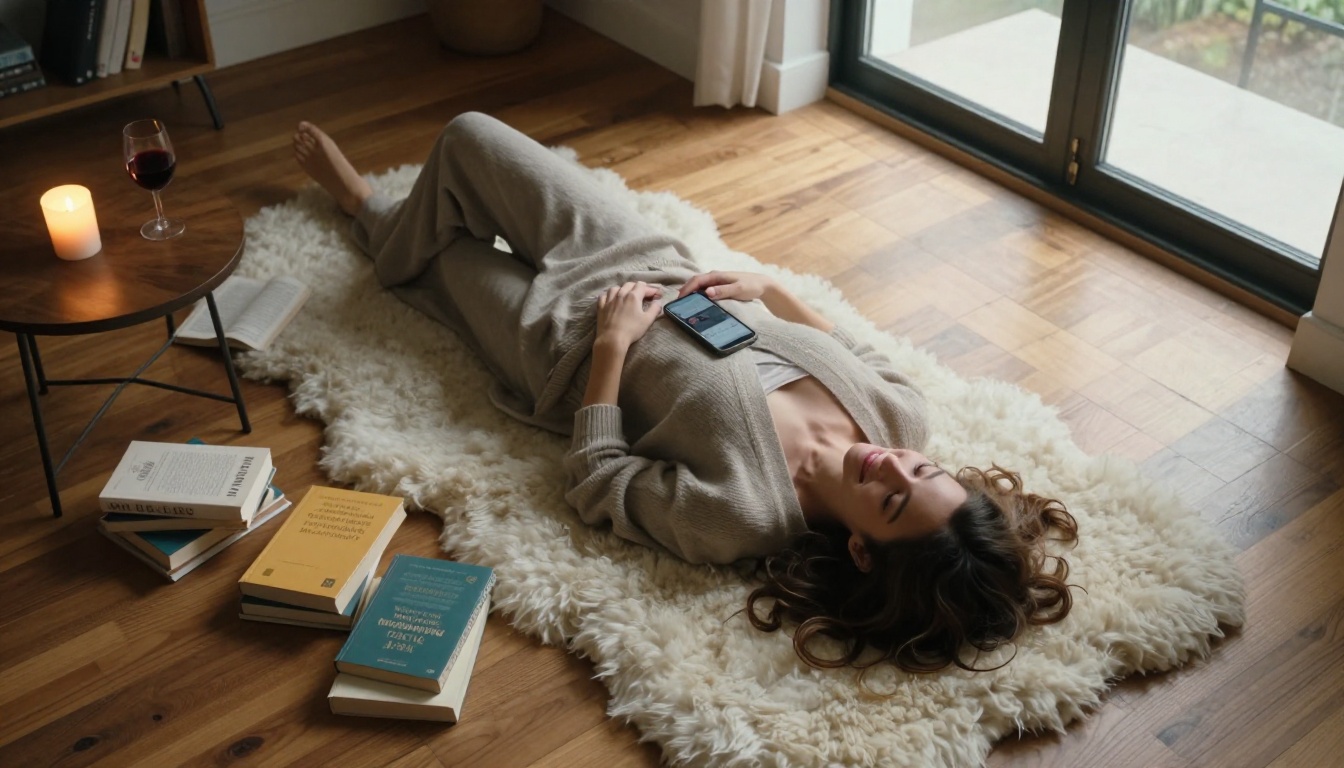 A woman lying on a sheepskin rug looking at the ceiling with a satisfied smile, phone on her chest, surrounded by books and a burning candle