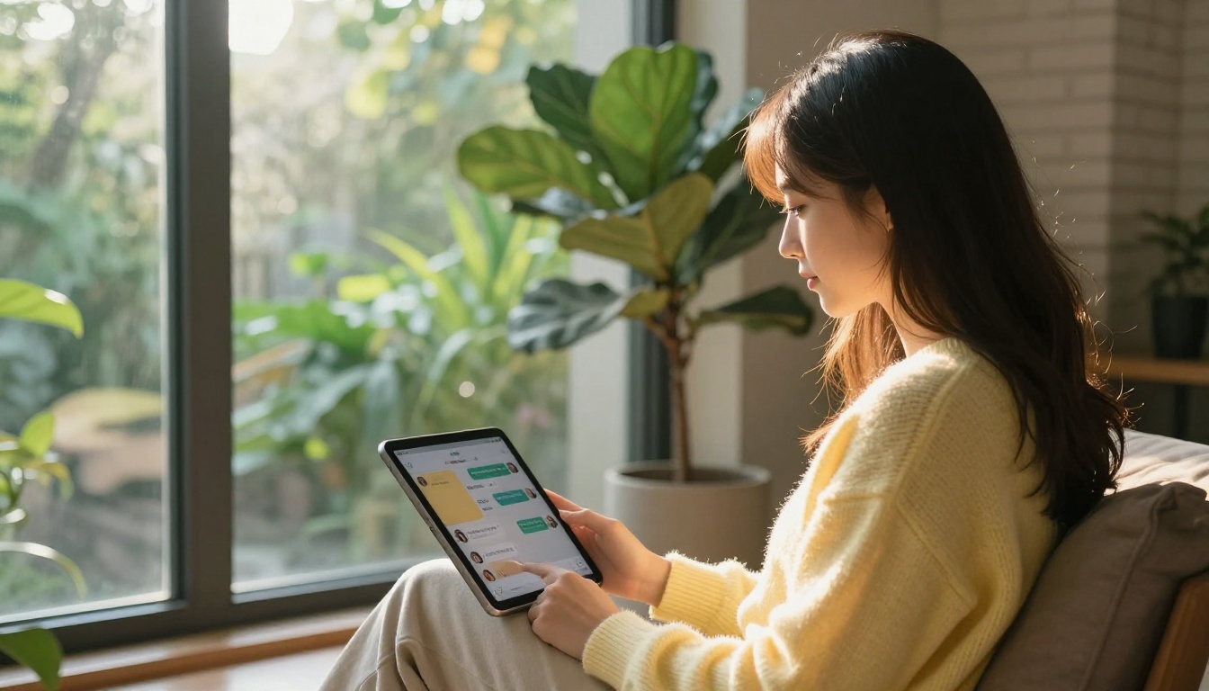 A young woman sitting sideways on a window bench with a tablet, morning sun creating a strong rim light along her profile