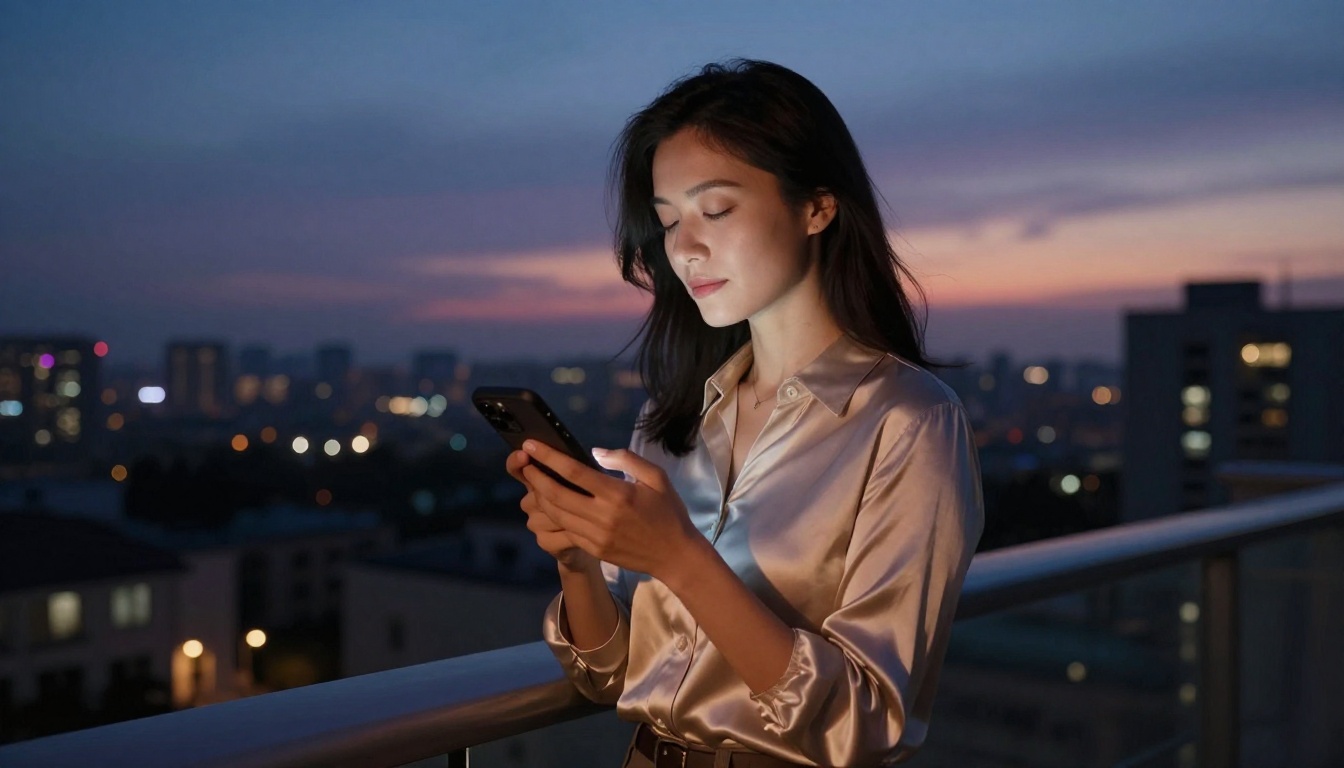 A woman standing on a balcony at twilight holding her phone to her heart, eyes closed, city skyline stretching behind her under a deep blue sky