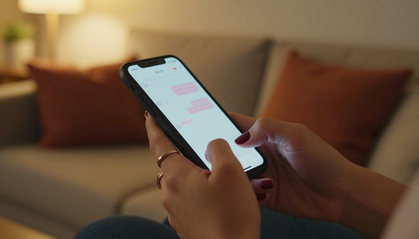 Woman with emotional expression gripping a smartphone in a warmly lit room