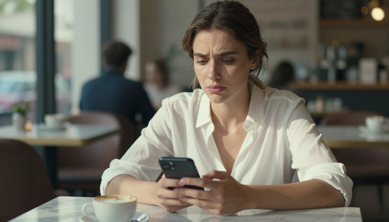 Beautiful woman at a café staring at her phone with a subtle expression of hurt and curiosity