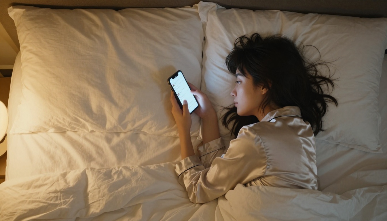 Aerial top-down view of a woman lying on white sheets, holding a glowing smartphone above her face