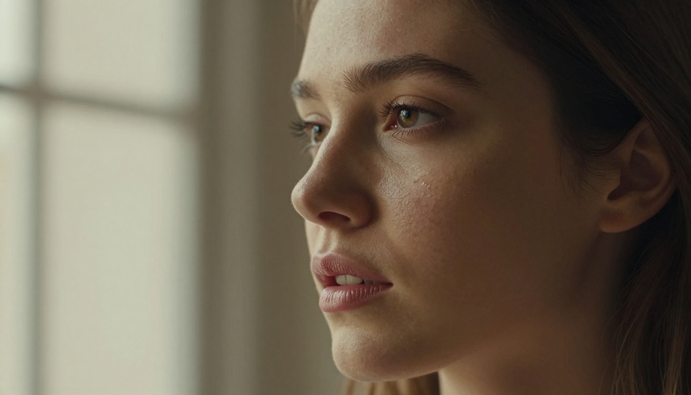Close-up portrait of a woman with three-quarter face turn, emotionally tense expression, warm window light