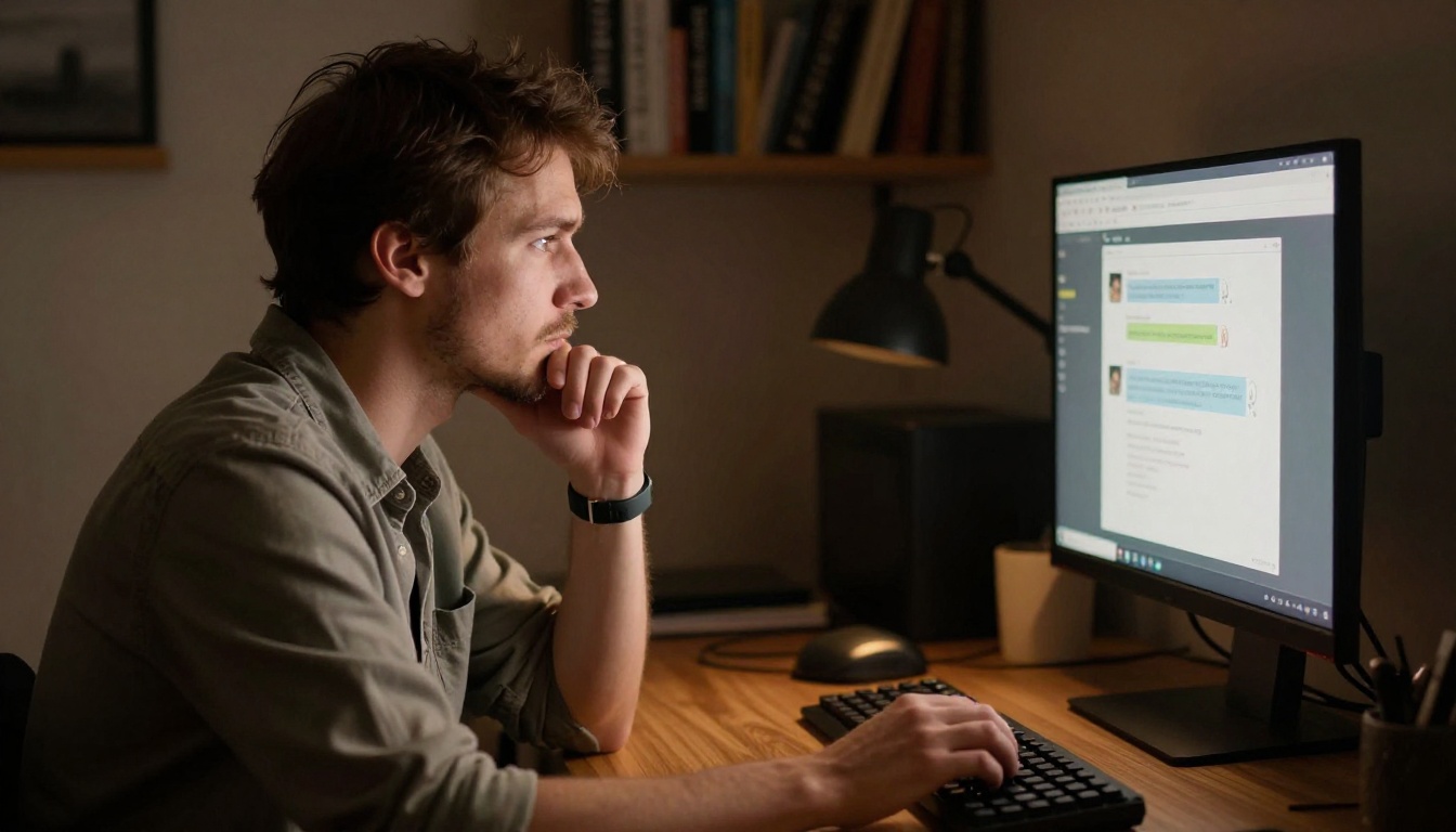 Man in his 30s at a home desk, profile lit by warm desk lamp, staring at a monitor with emotional engagement