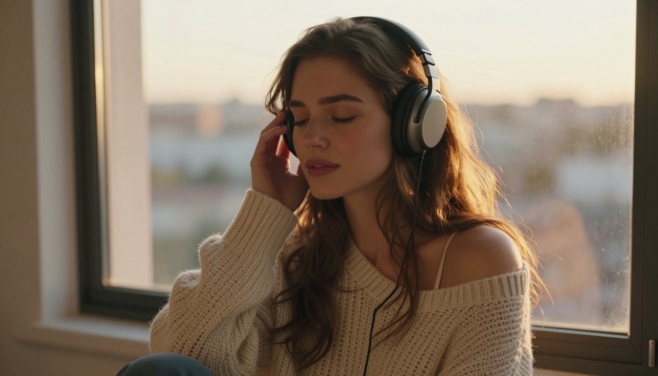 Young woman with headphones in golden afternoon window light, eyes slightly closed