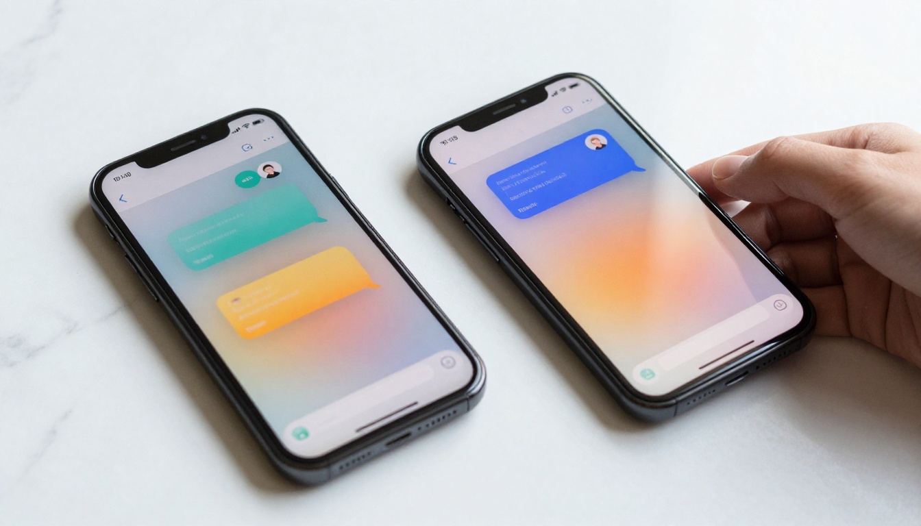 Two smartphones on white marble, screens showing AI chat interfaces, woman's hand reaching for one