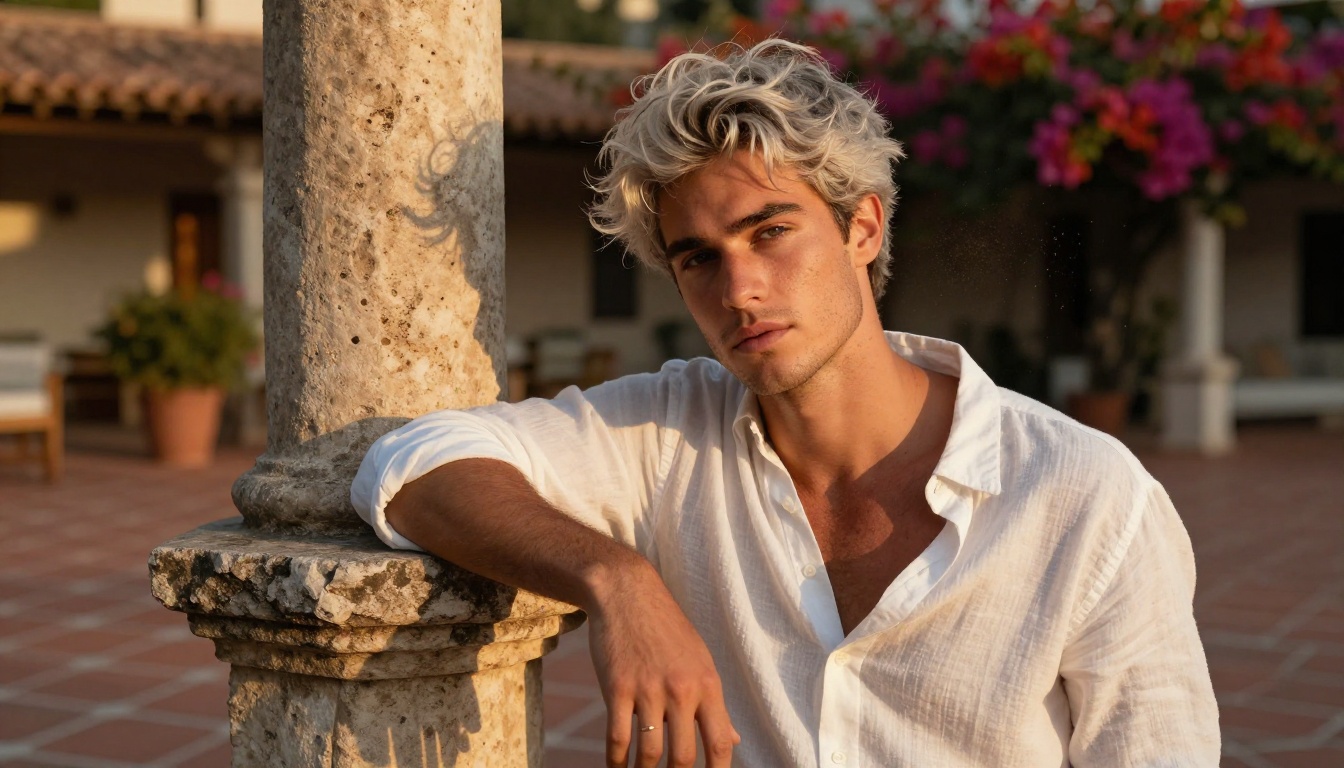 Confident young man with tousled silver hair leaning against a stone pillar at sunset