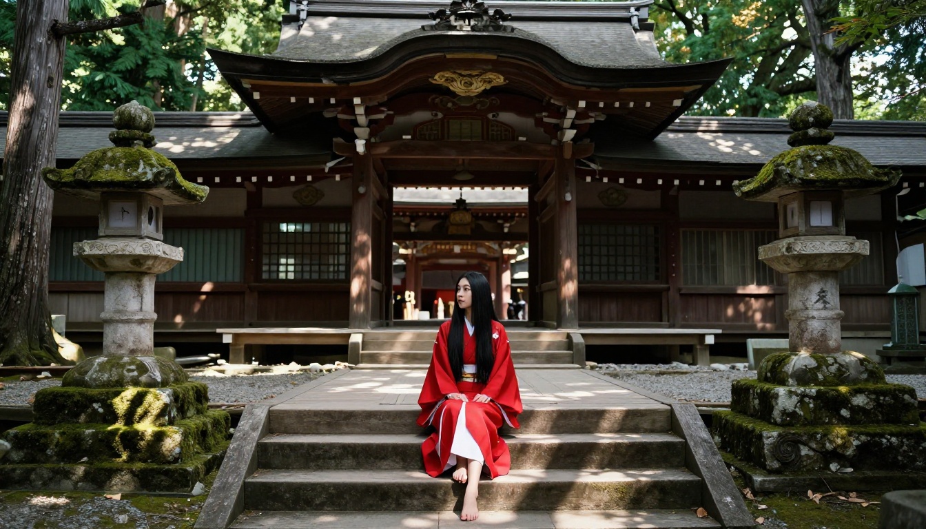 Young woman in a miko outfit sitting on shrine steps surrounded by ancient cedar forest