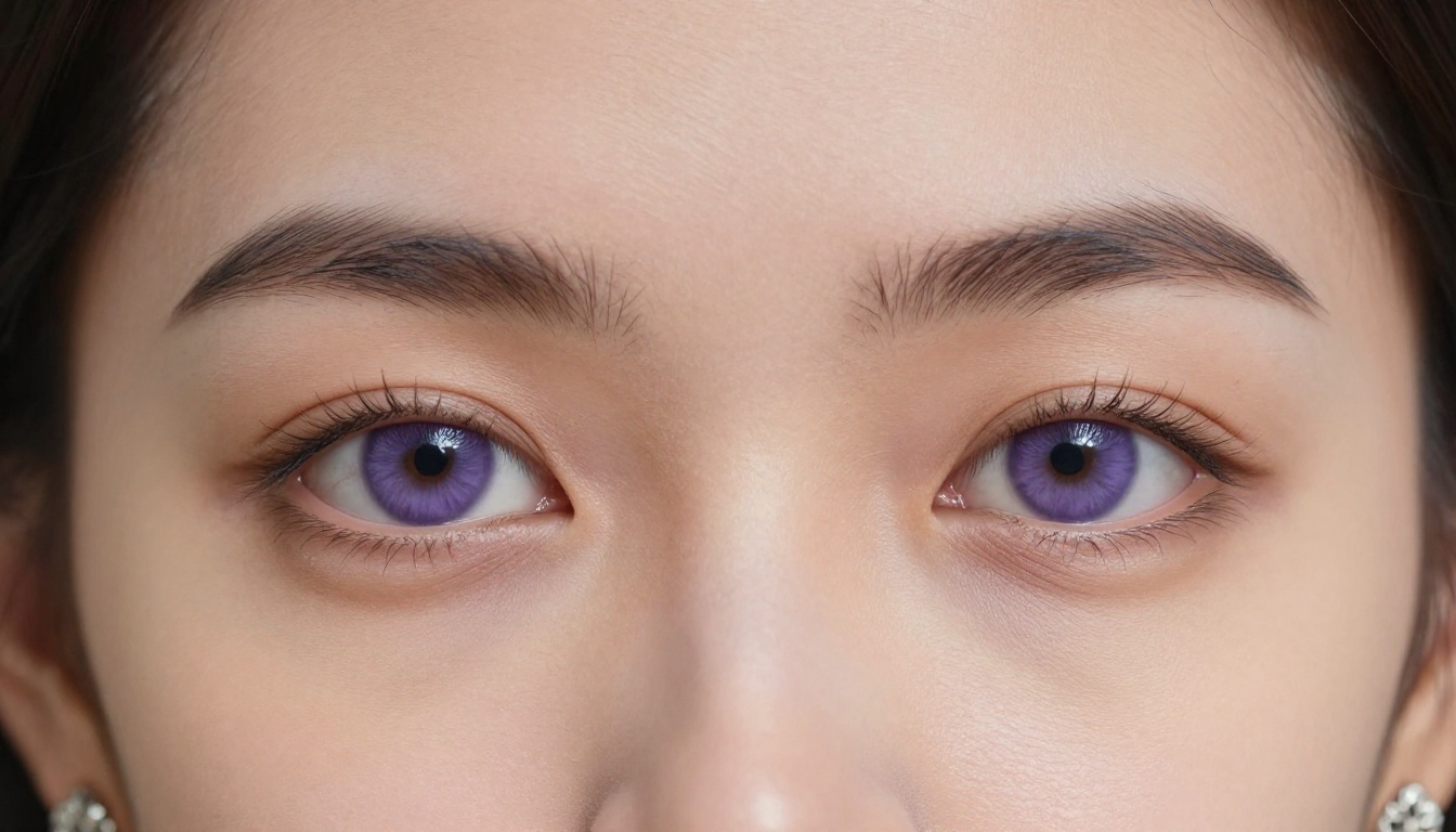 Close-up portrait of a young woman with striking violet eyes and silver earrings
