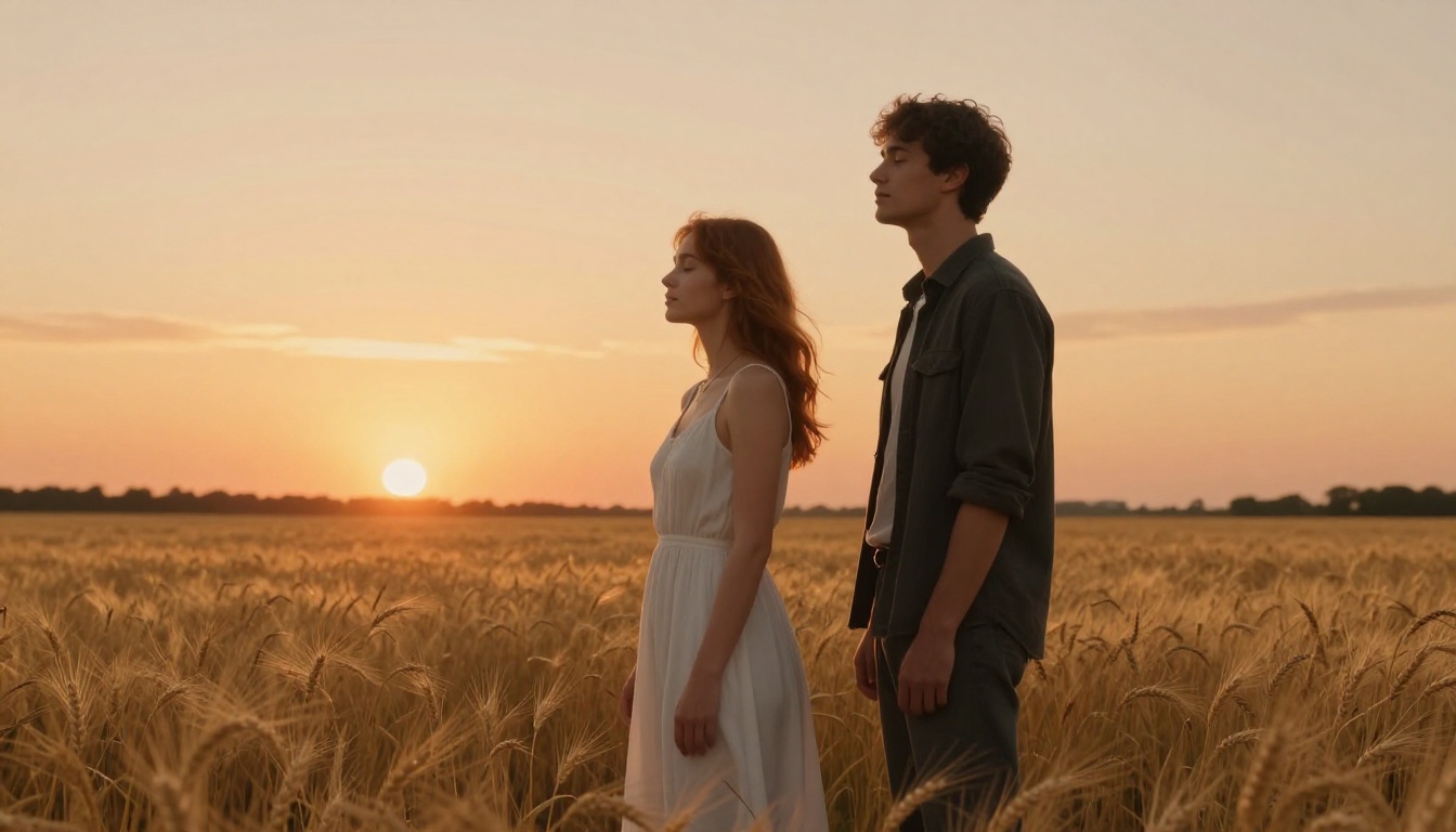 Young woman with long auburn hair and a man in dark clothing standing back-to-back in a golden wheat field