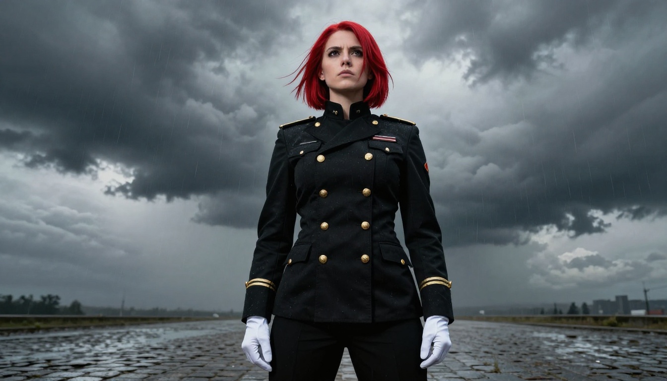 Fierce young woman with vivid red twin-tails wearing a black gold military jacket in a dramatic stormy scene