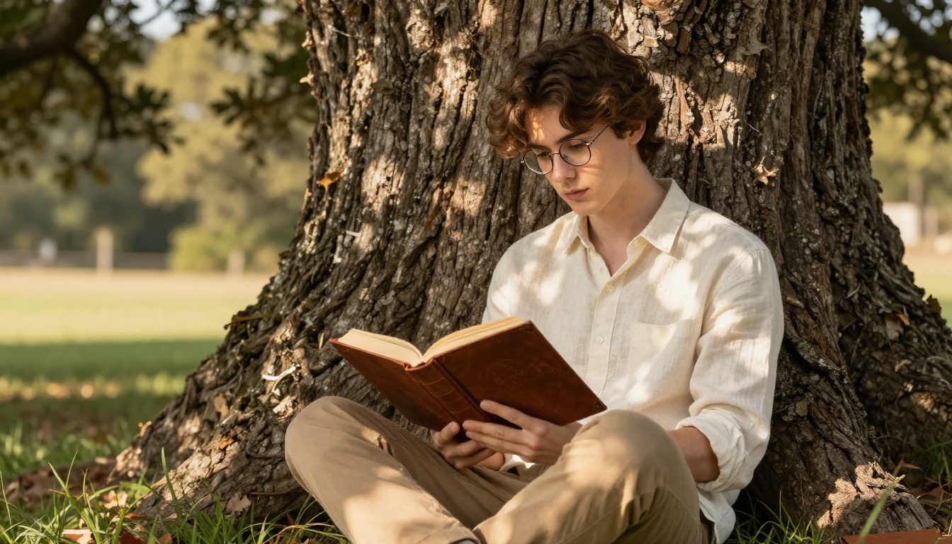 Gentle scholarly young man with brown wavy hair reading under a large oak tree in dappled afternoon light